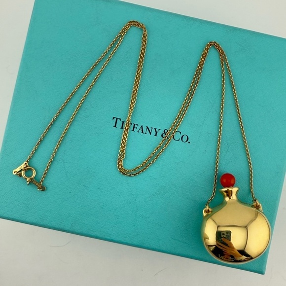 Tiffany & Co. 18k Coral Elsa Peretti Bottle Round Bottle Pendant Necklace 13g - Picture 1 of 9